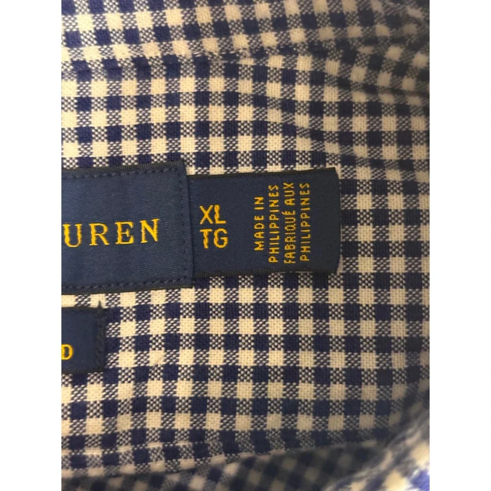 Polo Ralph Lauren Mens XL Slim Fit Stretch Oxford Gingham Shirt Navy Blue White
